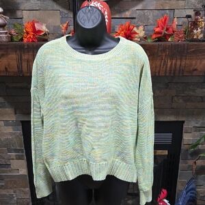 LOFT Women's Green and Yellow Crew Neck Sweater